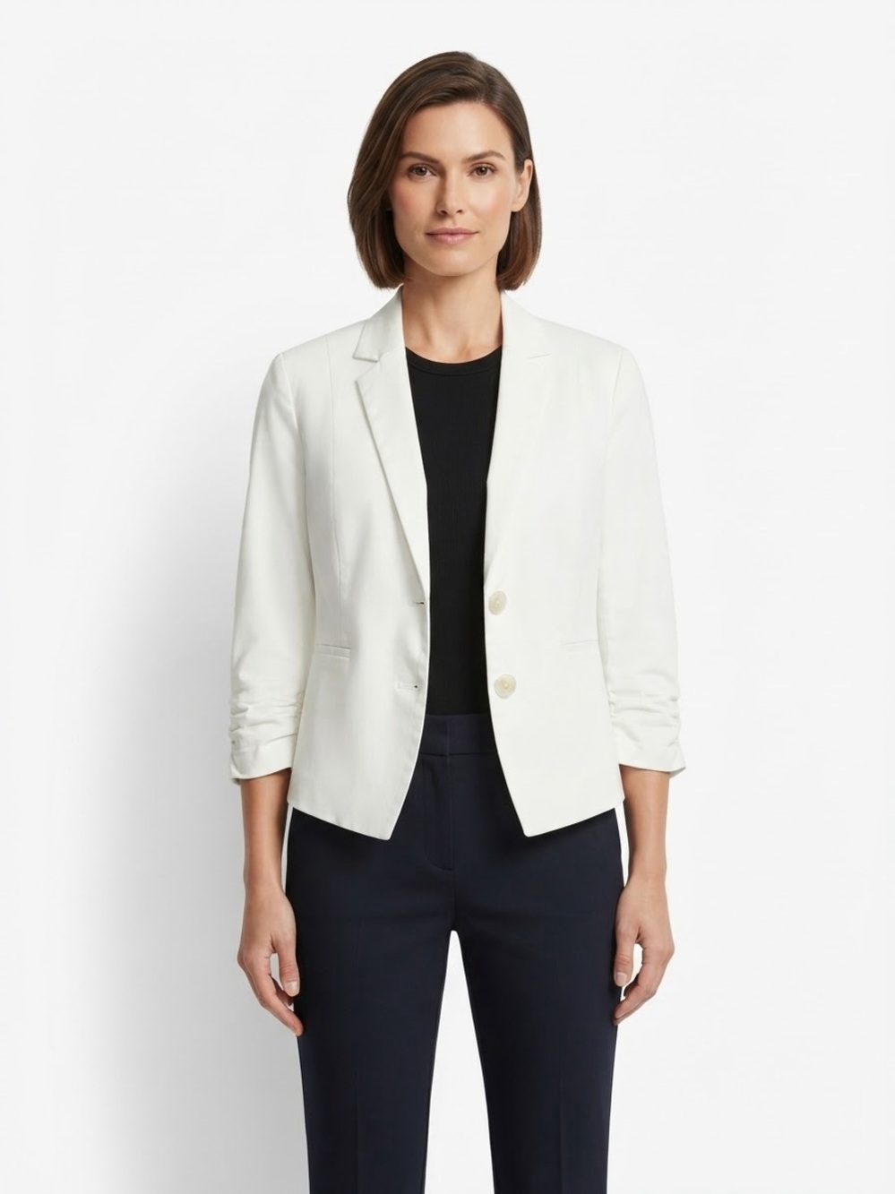 Express white two button blazer with ruched sleeves, women’s US 12